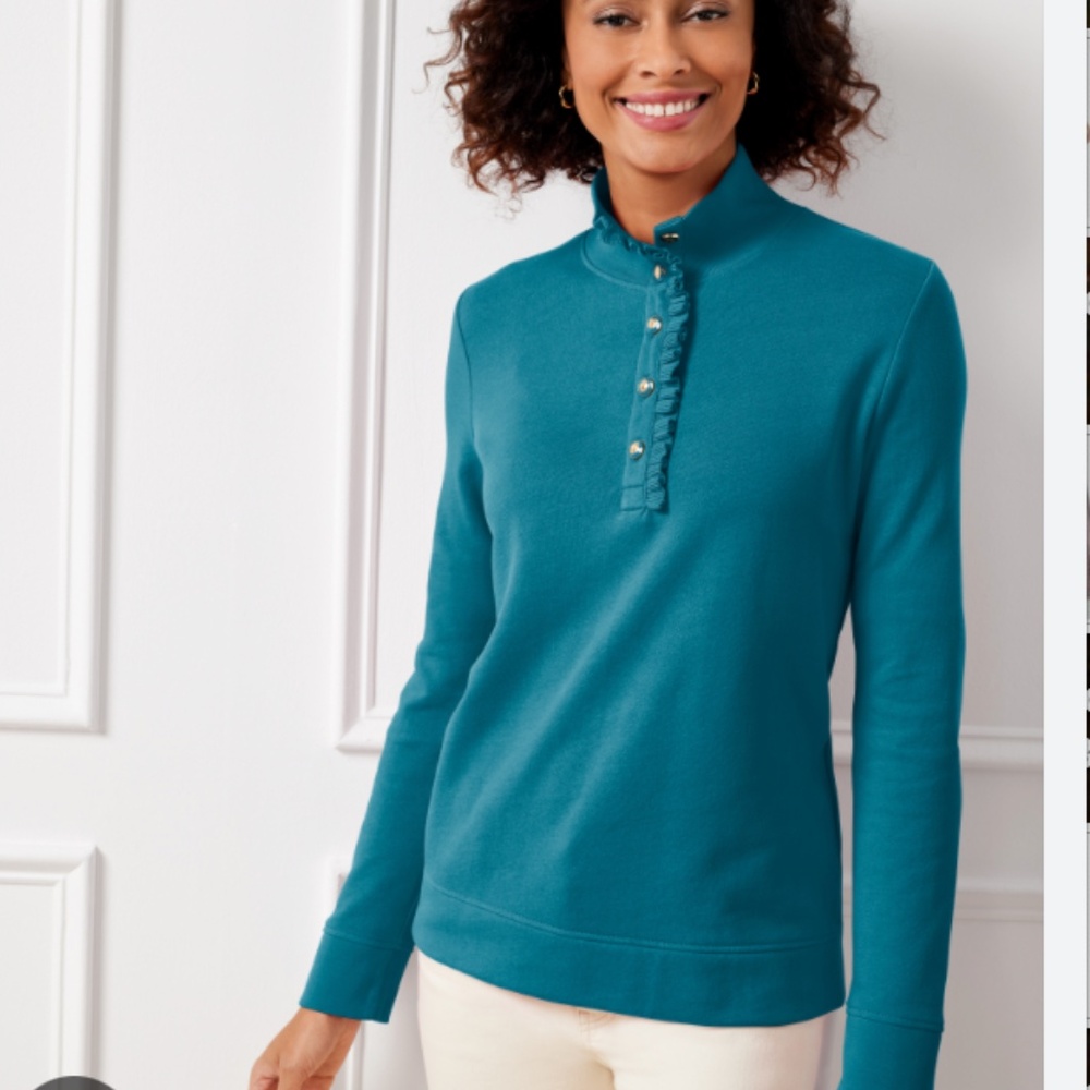 Talbots Ruffle Placket Mock Neck Sweater Peacock Blue Cotton Knit S